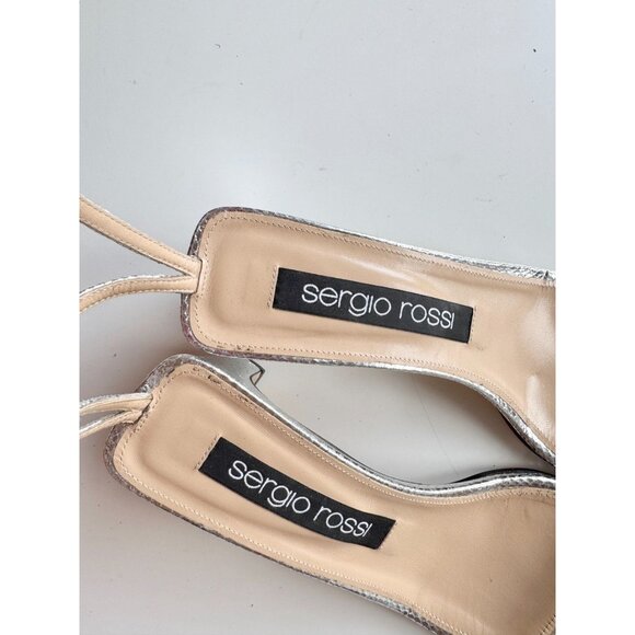 SERGIO ROSSI SR1 Silver Snake Leather Crystal Studded Block Sandals, Size 40.5 - Picture 3 of 14